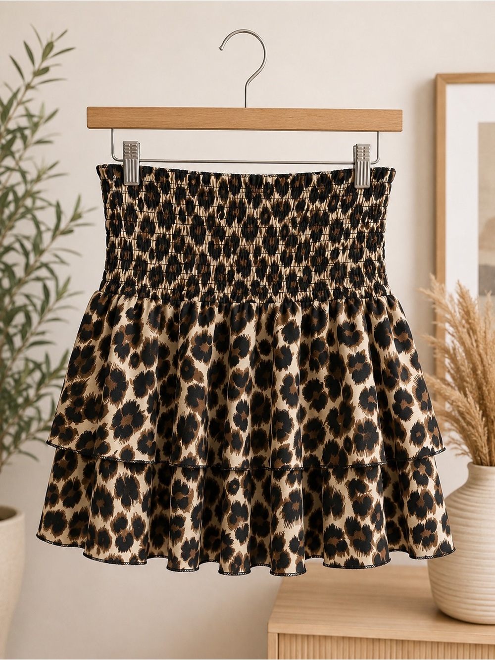 🆕 Leopard Print Tiered Smocked Mini Skirt - Brown